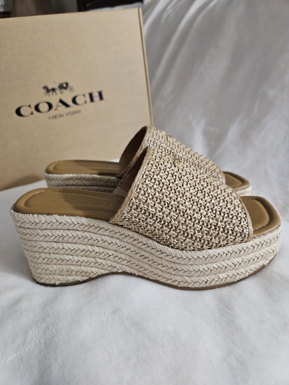 COACH Phobe Rafia Women's Natural Jute Woven Platform Slide Sandals 6.5B New - Picture 1 of 9